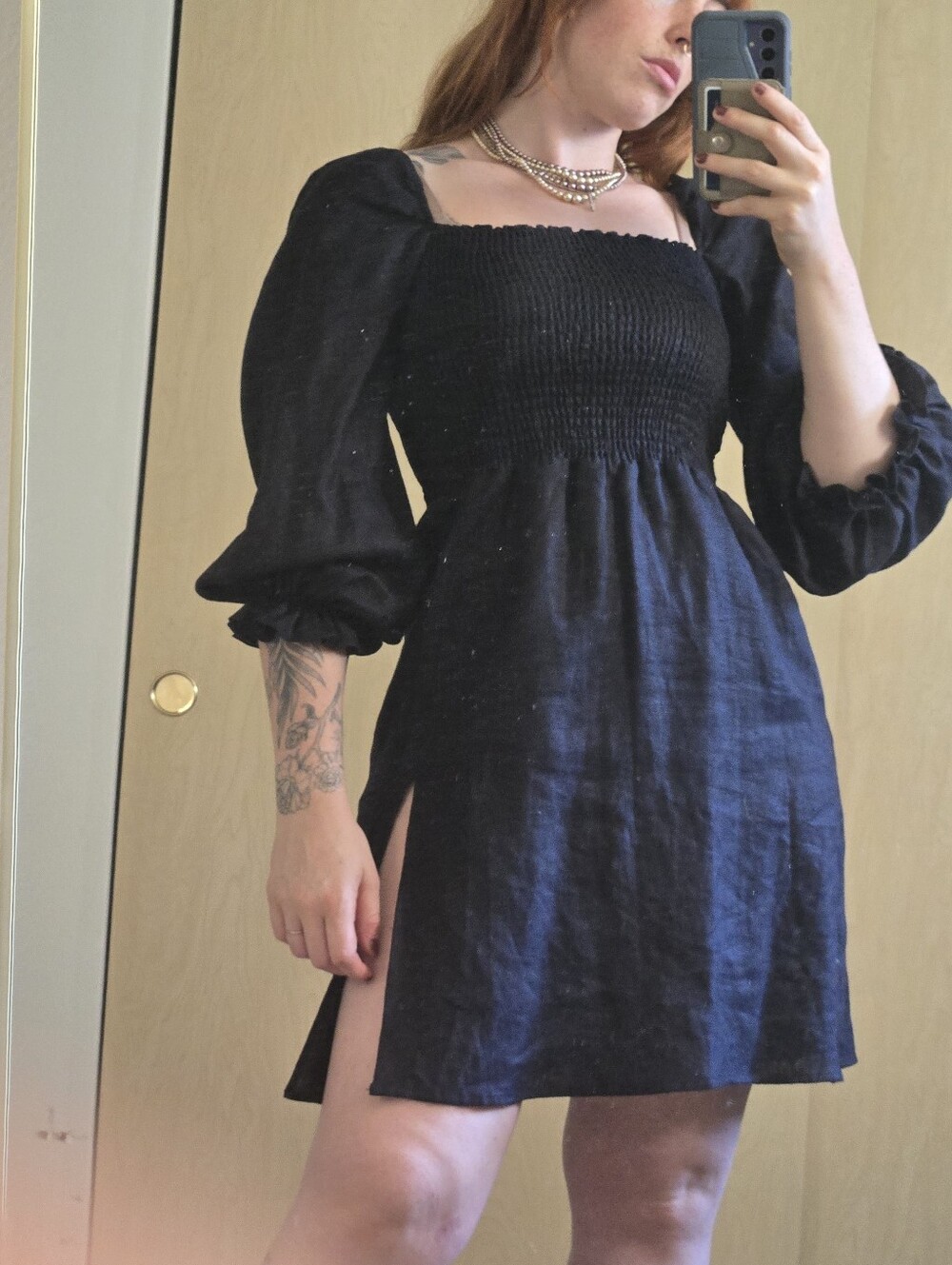 Reformation Linen Shirred Black Puff Sleeve Dress S/m